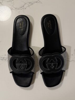 Gucci Interlocking G Slide Sandal | Size 38 | Black & White Mesh | Worn Once